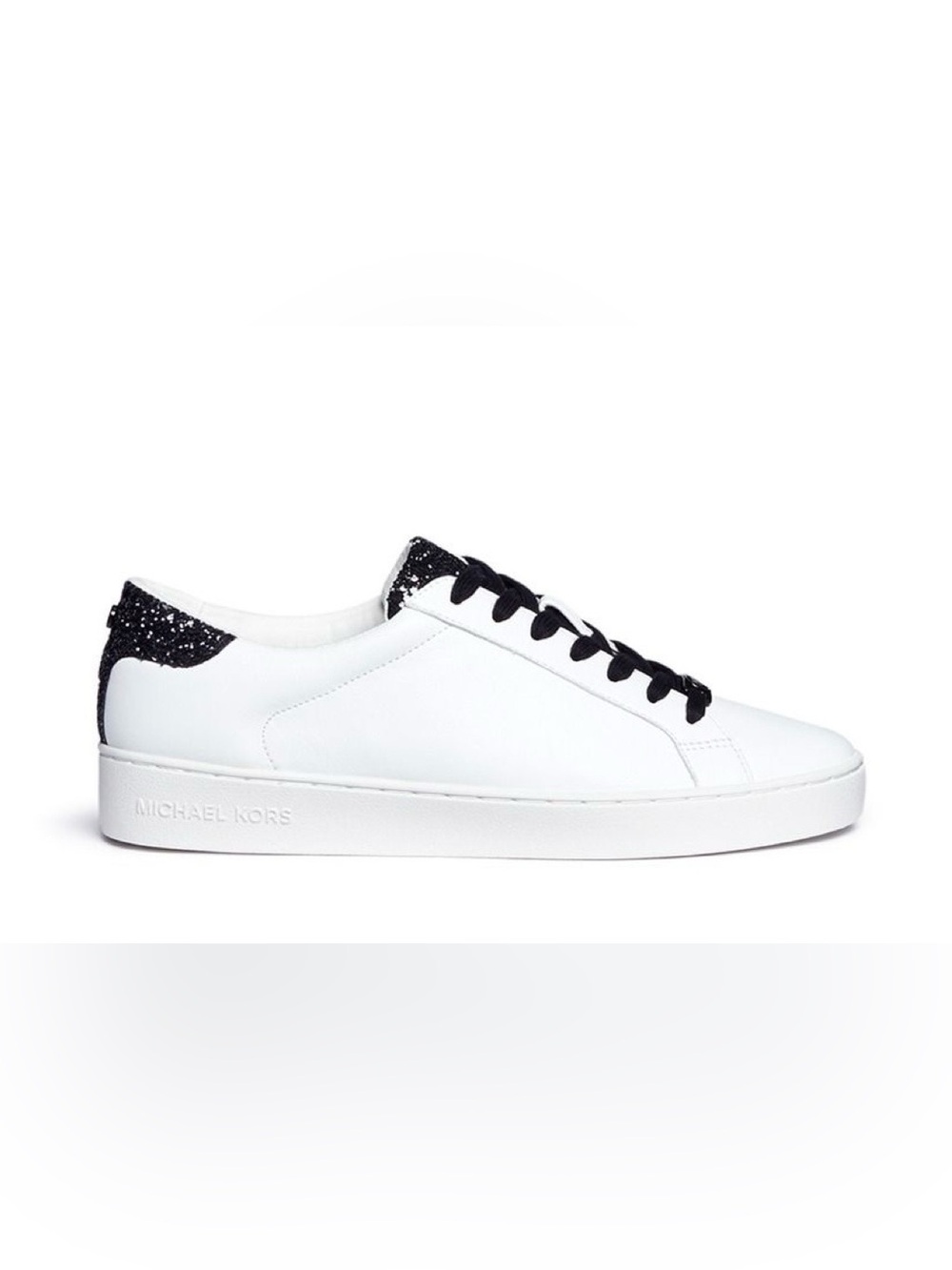 Michael Kors White Leather Sneakers with Black Glitter Heel and Black Laces
